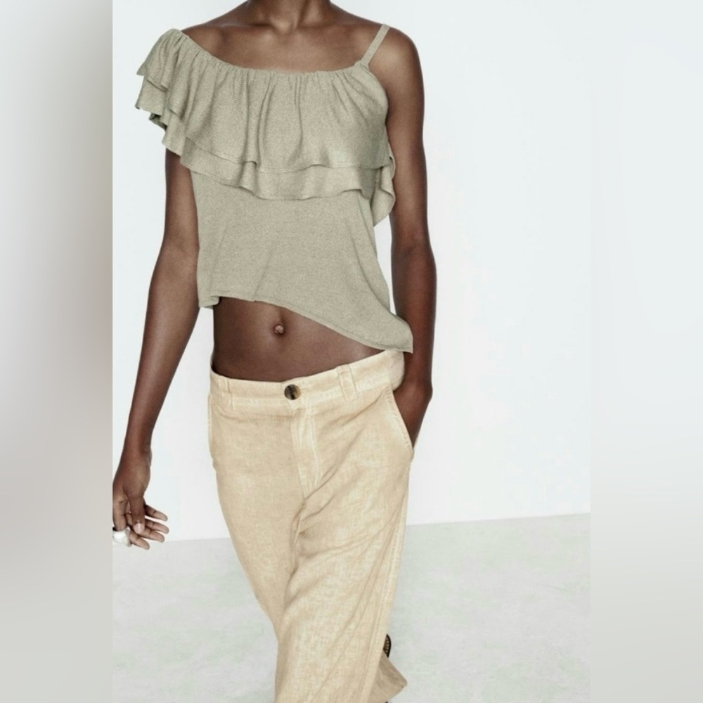 Zara New Asymmetrical Ruffle Knit Viscose Top in Taupe Khaki NWOT